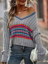 Load image into Gallery viewer, Striped Contrast V-Neck Dropped Shoulder Sweater