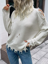 Load image into Gallery viewer, Distressed High Neck Cold-Shoulder Sweater
