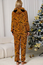 Load image into Gallery viewer, Animal Print Zip-Up Hooded Flannel Jumpsuit with Pockets