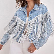 Load image into Gallery viewer, Fringe Detail Collared Neck Long Sleeve Denim Jacket