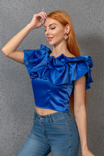Load image into Gallery viewer, Cropped Ruffle Boat Neck Short Sleeve Blouse