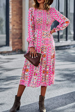 Load image into Gallery viewer, Patchwork Smocked Puff Sleeve Tiered Midi Dress