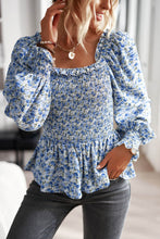Load image into Gallery viewer, Floral Frill Trim Smocked Flounce Sleeve Peplum Blouse