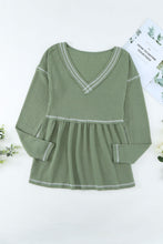 Load image into Gallery viewer, Striped Contrast V-Neck Peplum Waffle-Knit Top