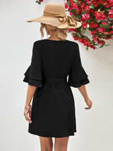 Load image into Gallery viewer, Round Neck Tie Belt Flounce Sleeve Dress