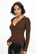 Load image into Gallery viewer, Chocolate USA Half Button Down Ribbed Collared Neck Knit Top