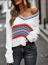Load image into Gallery viewer, Striped Contrast V-Neck Dropped Shoulder Sweater