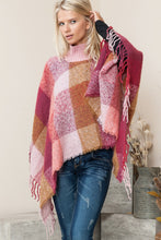 Load image into Gallery viewer, Justin Taylor Plaid High Neck Raw Hem Poncho with Fringes