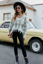 Load image into Gallery viewer, Plaid Frayed Trim V-Neck Sweater