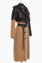 Load image into Gallery viewer, GAWQO Spliced Faux Leather Tie Waist Trench Coat