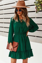 Load image into Gallery viewer, Tie Neck Smocked Waist Ruffle Hem Dress