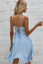 Load image into Gallery viewer, Lace-Up Spaghetti Strap Ruffle Hem Dress