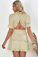 Load image into Gallery viewer, Frill Trim Short Puff Sleeve Plunge Dress