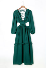 Load image into Gallery viewer, Lace-Up Frill Trim Cutout Puff Sleeve Plunge Dress