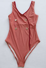 Load image into Gallery viewer, Contrast Decorative Button Low Back One-Piece Swimsuit