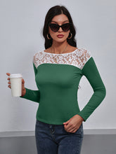 Load image into Gallery viewer, Lace Trim Long Sleeve Round Neck Tee