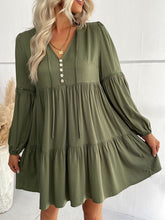 Load image into Gallery viewer, Buttoned Puff Sleeve Tiered Dress