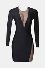 Load image into Gallery viewer, Rhinestone Spliced Mesh Long Sleeve Bodycon Dress