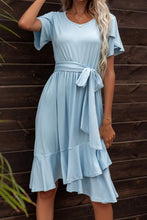 Load image into Gallery viewer, Tie Waist Petal Sleeve Ruffle Hem Dress