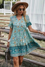 Load image into Gallery viewer, Printed Bohemian Style Tie Neck Flounce Sleeve Mini Dress