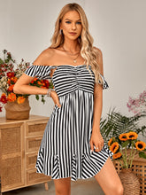 Load image into Gallery viewer, Striped Smocked Ruffle-Shoulder Sleeveless Dress