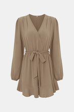 Load image into Gallery viewer, Tie-Waist Balloon Sleeve Ruffled Surplice Romper