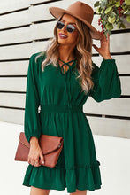 Load image into Gallery viewer, Tie Neck Smocked Waist Ruffle Hem Dress