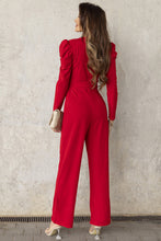Load image into Gallery viewer, Belted Long Puff Sleeve V-Neck Jumpsuit