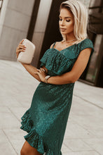Load image into Gallery viewer, Sequin Ruffled Asymmetrical Neck Cold-Shoulder Mini Dress