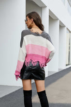 Load image into Gallery viewer, Striped Fringe Trim V-Neck Sweater