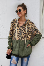 Load image into Gallery viewer, Spliced Leopard Drawstring Zip-Up Teddy Hoodie