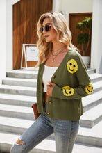 Load image into Gallery viewer, Smiley Face Ribbed Trim V-Neck Cardigan