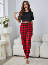 Load image into Gallery viewer, Round Neck Cropped Tee and Plaid Joggers Lounge Set