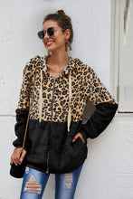 Load image into Gallery viewer, Spliced Leopard Drawstring Zip-Up Teddy Hoodie
