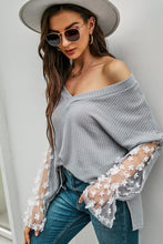 Load image into Gallery viewer, 3D Floral Applique Mesh Sleeve Waffle Top