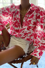 Load image into Gallery viewer, Flower Print Collared Neck Lantern Sleeve Shirt