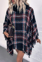 Load image into Gallery viewer, Plaid Turtleneck Fringe Detail Poncho