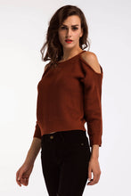 Load image into Gallery viewer, Double Take Round Neck Cold-Shoulder Ribbed Sweater