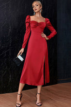 Load image into Gallery viewer, Ruched Puff Sleeve Split Satin Dress
