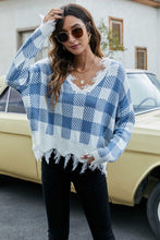 Load image into Gallery viewer, Plaid Frayed Trim V-Neck Sweater