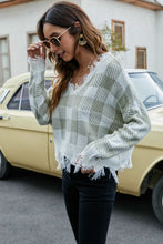 Load image into Gallery viewer, Plaid Frayed Trim V-Neck Sweater