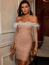 Load image into Gallery viewer, Glitter Feather Trim Off-Shoulder Ruched Mini Dress