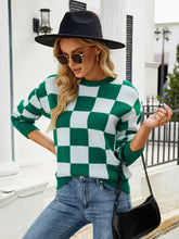 Load image into Gallery viewer, Checkered Dropped Shoulder Round Neck Sweater