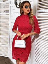Load image into Gallery viewer, Scalloped Hem Half Sleeve Mock Neck Lace Dress