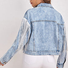 Load image into Gallery viewer, Fringe Detail Collared Neck Long Sleeve Denim Jacket