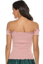 Load image into Gallery viewer, Lace-Up Front Lettuce Hem Off-Shoulder Knit Top