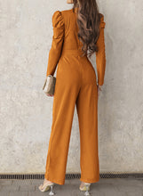 Load image into Gallery viewer, Belted Long Puff Sleeve V-Neck Jumpsuit