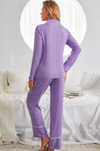 Load image into Gallery viewer, Contrast Lapel Collar Shirt and Pants Pajama Set with Pockets