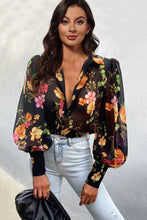 Load image into Gallery viewer, Flower Print Collared Neck Lantern Sleeve Shirt