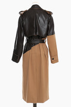 Load image into Gallery viewer, GAWQO Spliced Faux Leather Tie Waist Trench Coat